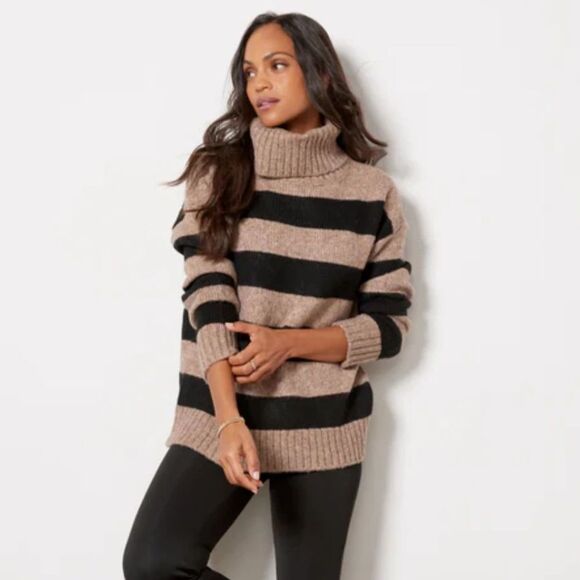 Evereve Sweaters - Evereve Kody Stripe Turtleneck Pullover, Tan/Black, Size S